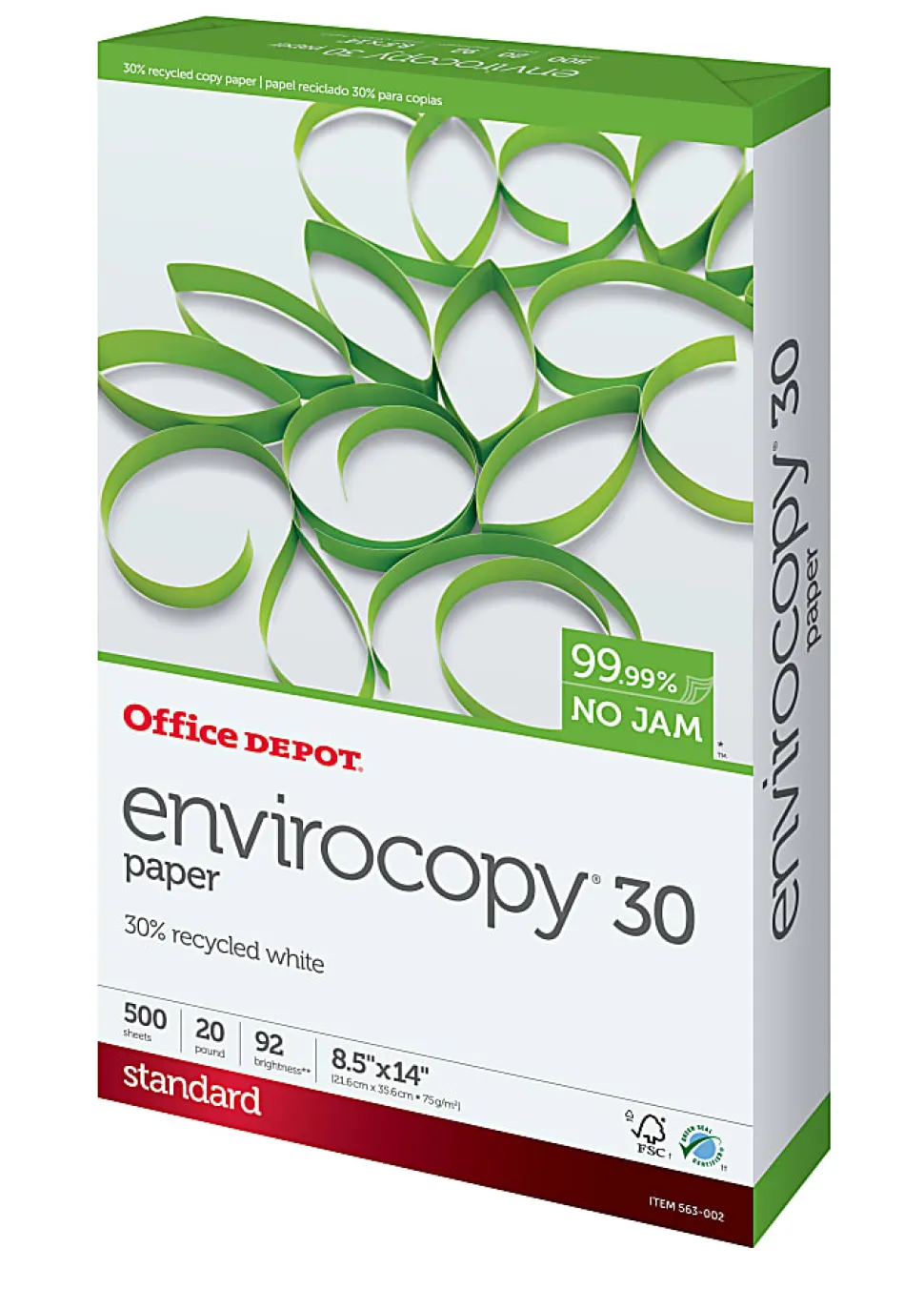 Office Depot® EnviroCopy® Copy Paper, 1 Ream, White, Letter (8.5" x 11"), 500 Sheets Per Ream, 20 Lb, 92 Brightness, 30% Recycled, 651001ODRM