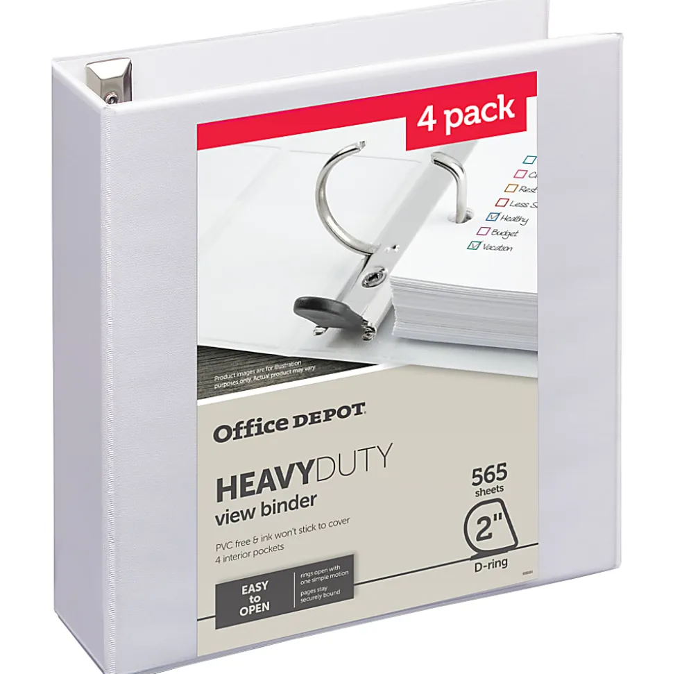 Office Depot® Heavy-Duty View 3-Ring Binder, 2" D-Rings, White, 49% Recycled, Pack Of 4