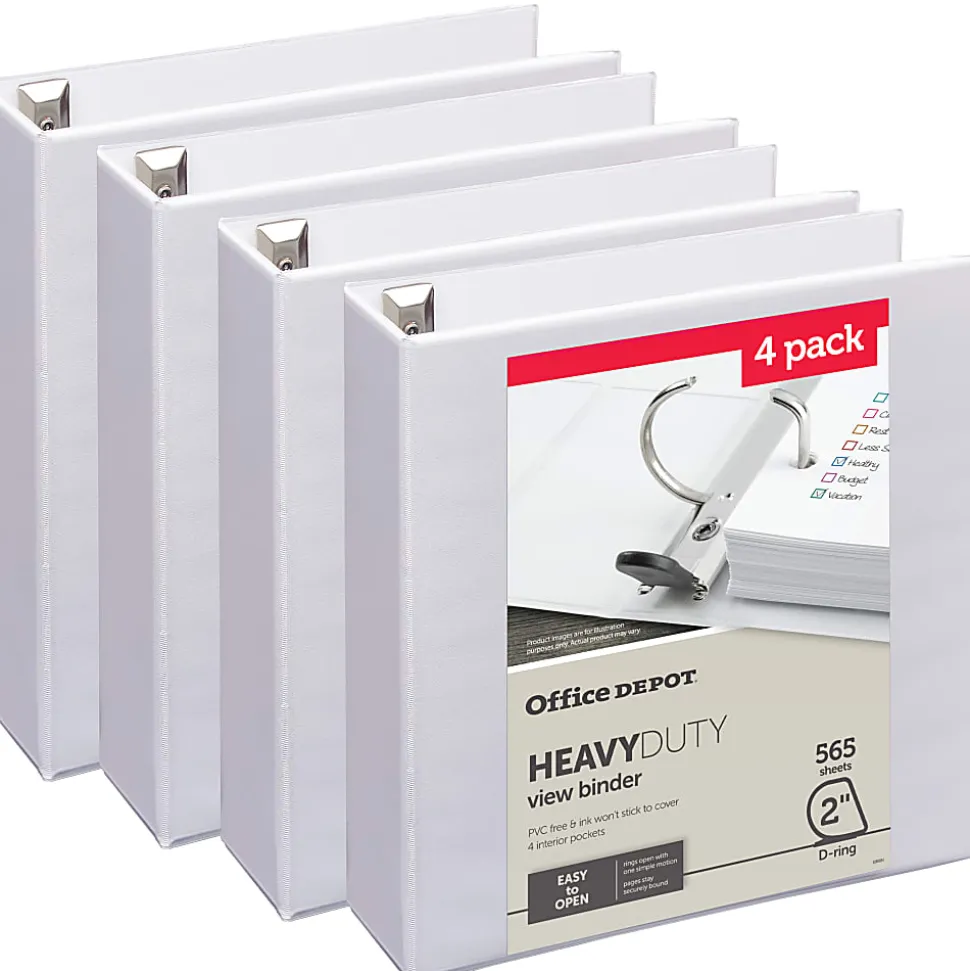 Office Depot® Heavy-Duty View 3-Ring Binder, 2" D-Rings, White, 49% Recycled, Pack Of 4