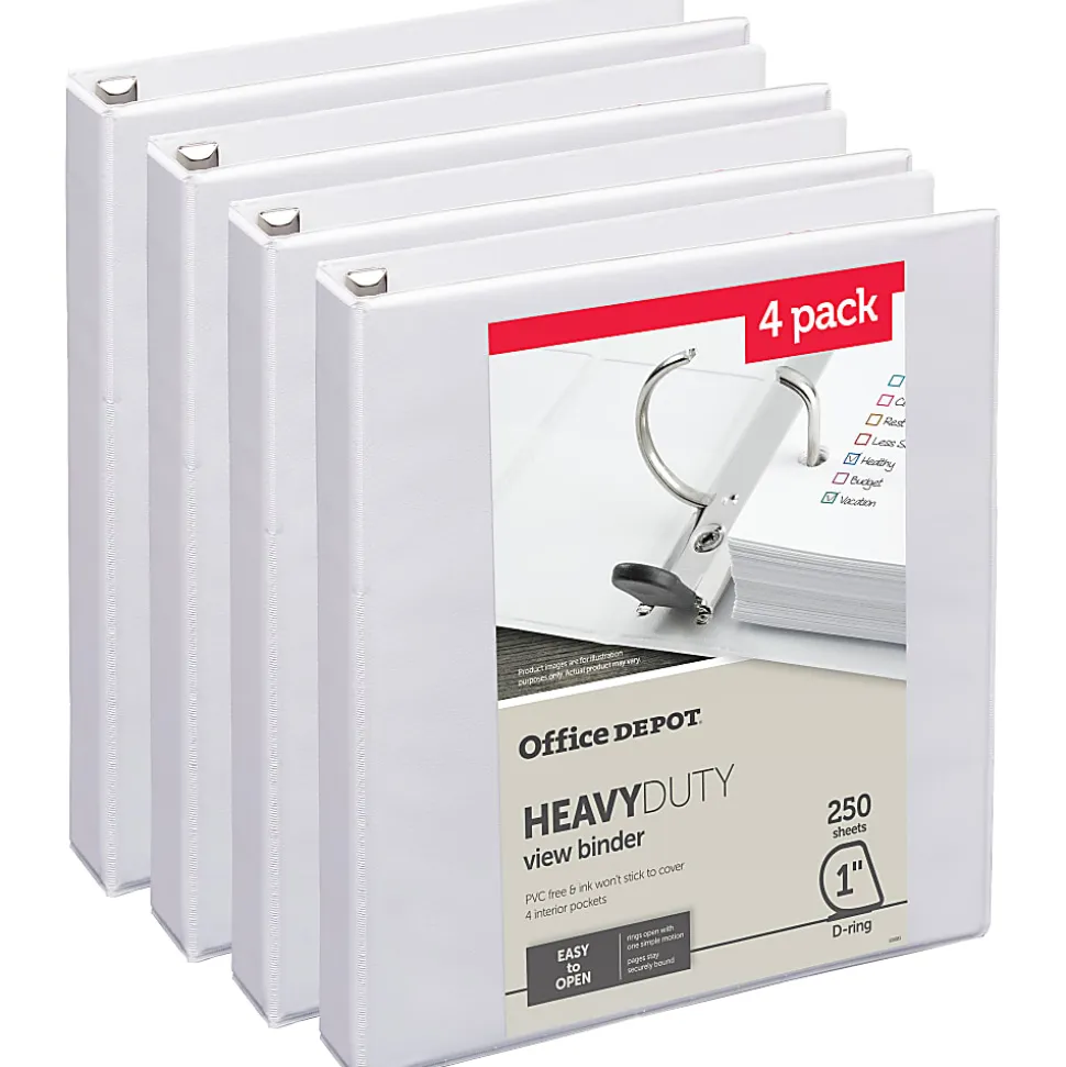 Office Depot® Heavy-Duty View 3-Ring Binder, 1" D-Rings, 49% Recycled, White, Pack Of 4