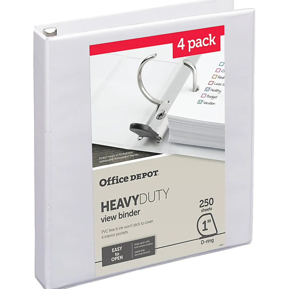Office Depot® Heavy-Duty View 3-Ring Binder, 1" D-Rings, 49% Recycled, White, Pack Of 4