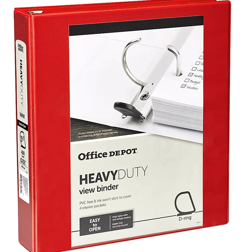 Office Depot® Heavy-Duty View 3-Ring Binder, 1 1/2" D-Rings, Red