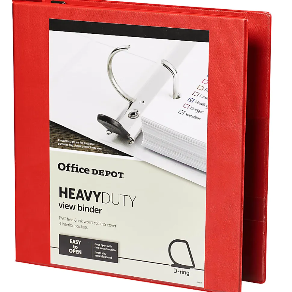 Office Depot® Heavy-Duty View 3-Ring Binder, 1 1/2" D-Rings, Red