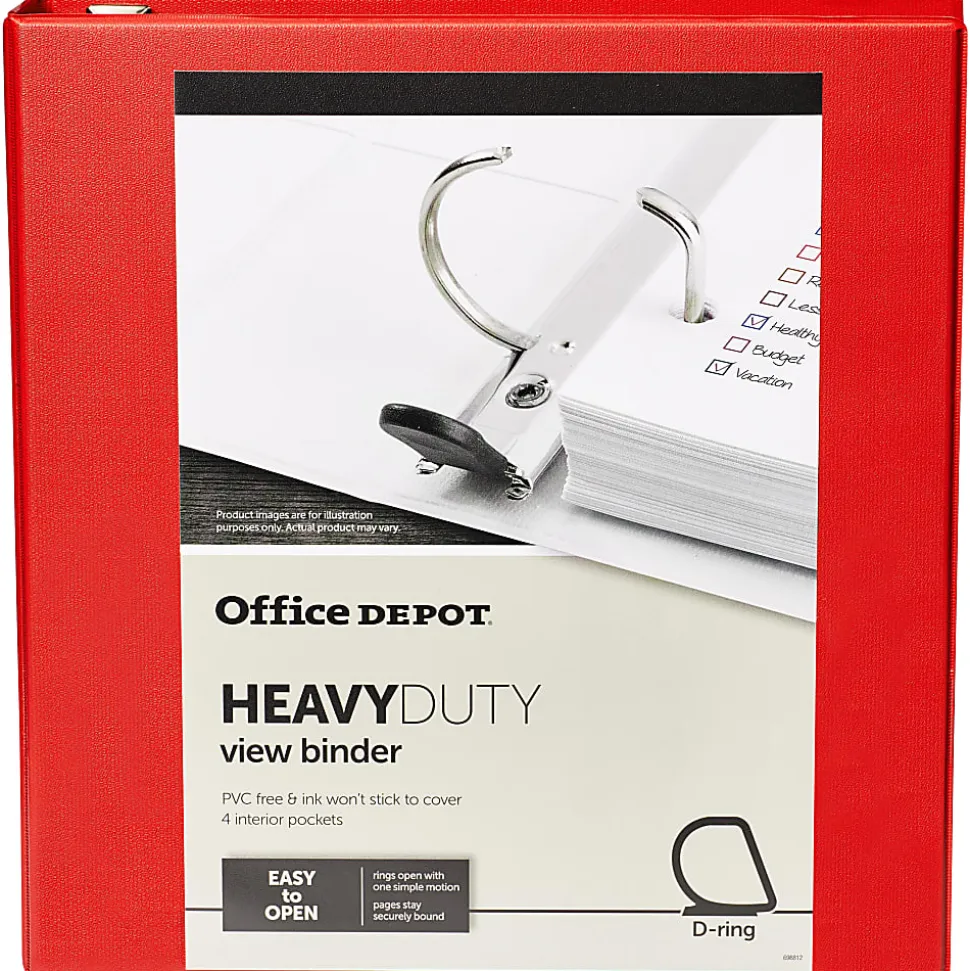 Office Depot® Heavy-Duty View 3-Ring Binder, 1 1/2" D-Rings, Red