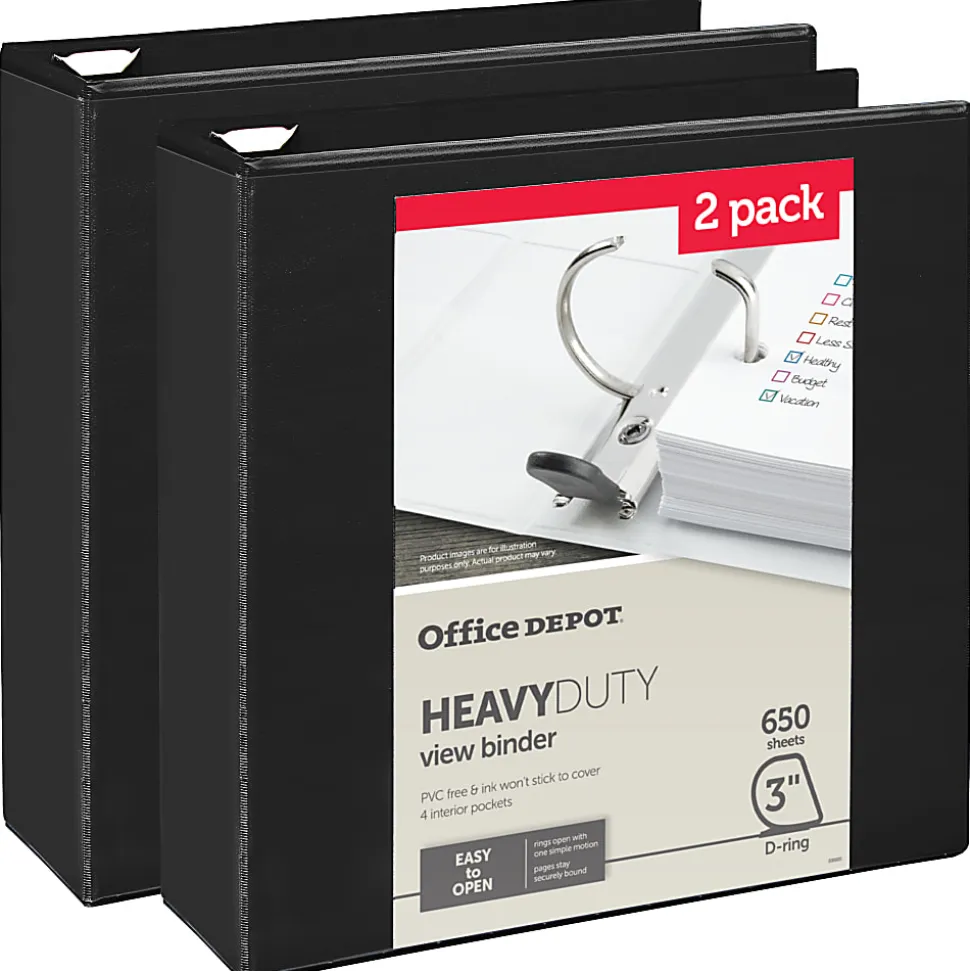Office Depot® Heavy-Duty View 3-Ring Binder, 3" D-Rings, Black, 49% Recycled, Pack Of 2