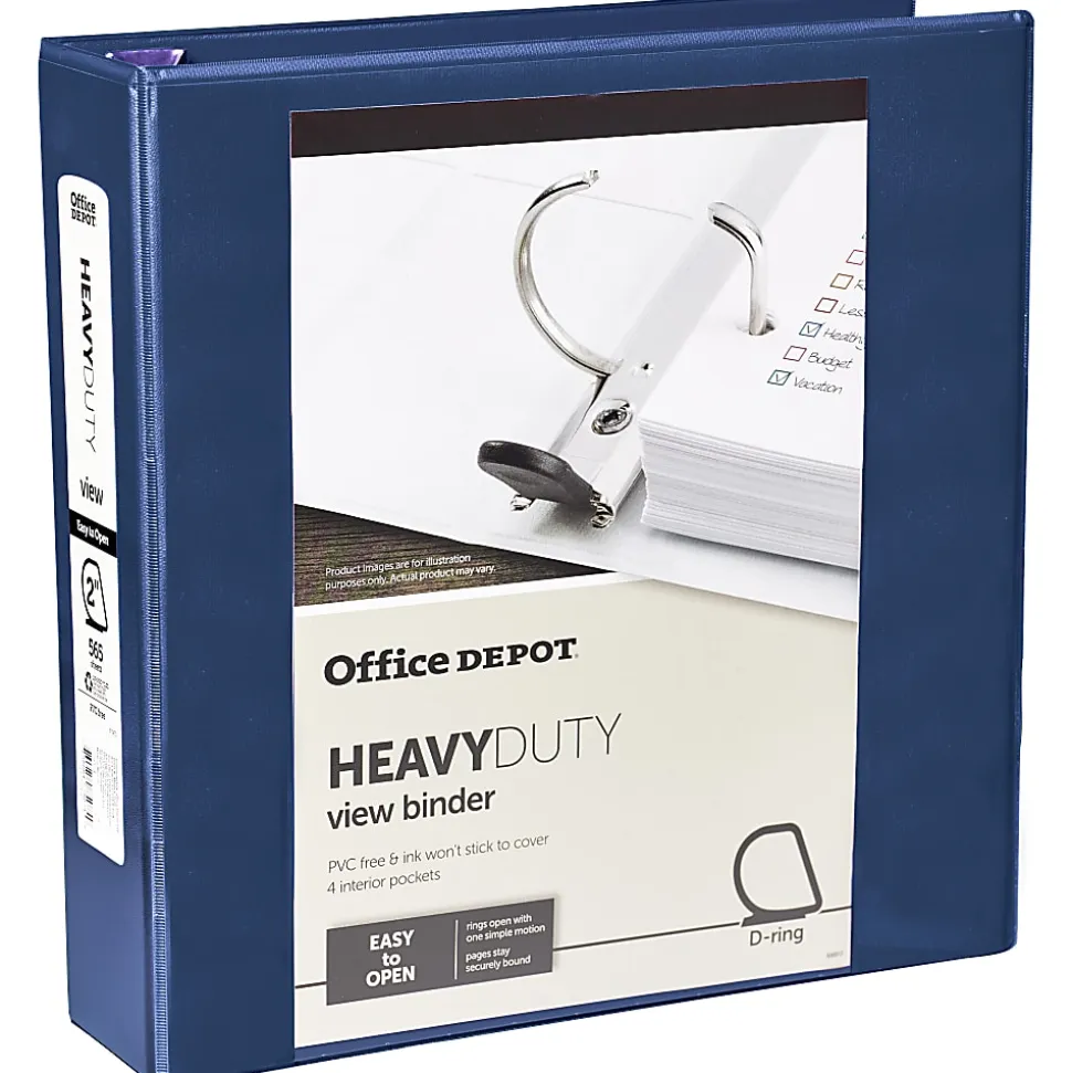 Office Depot® Heavy-Duty View 3-Ring Binder, 2" D-Rings, 49% Recycled, Navy