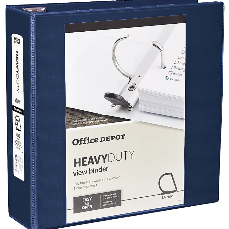 Office Depot® Heavy-Duty View 3-Ring Binder, 3" D-Rings, Navy