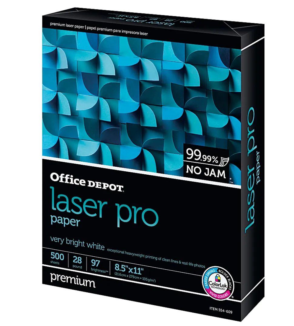Office Depot® Laser Pro Paper, 1 Ream, White, Letter Size (8 1/2" x 11"), Ream Of 500 Sheets, 28 Lb, 97 Brightness