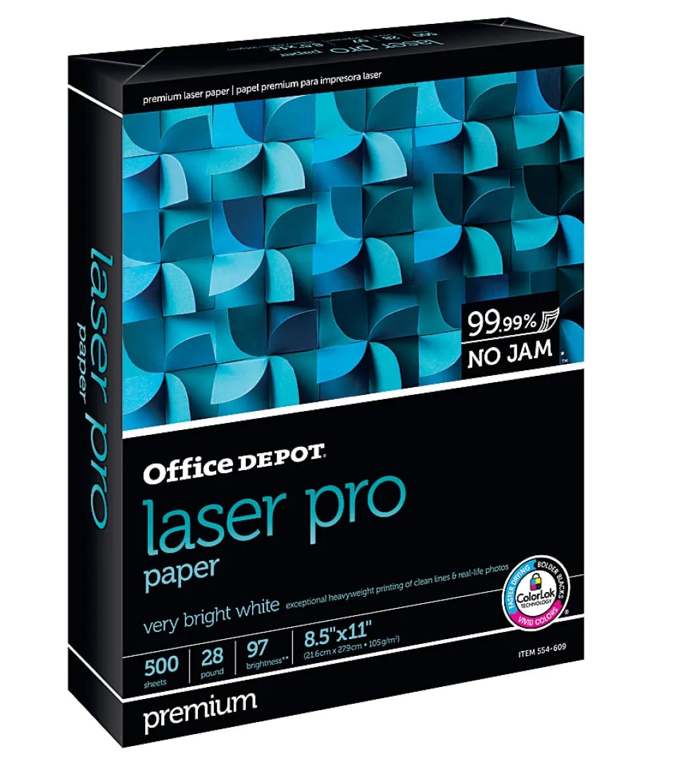 Office Depot® Laser Pro Paper, 1 Ream, White, Letter Size (8 1/2" x 11"), Ream Of 500 Sheets, 28 Lb, 97 Brightness