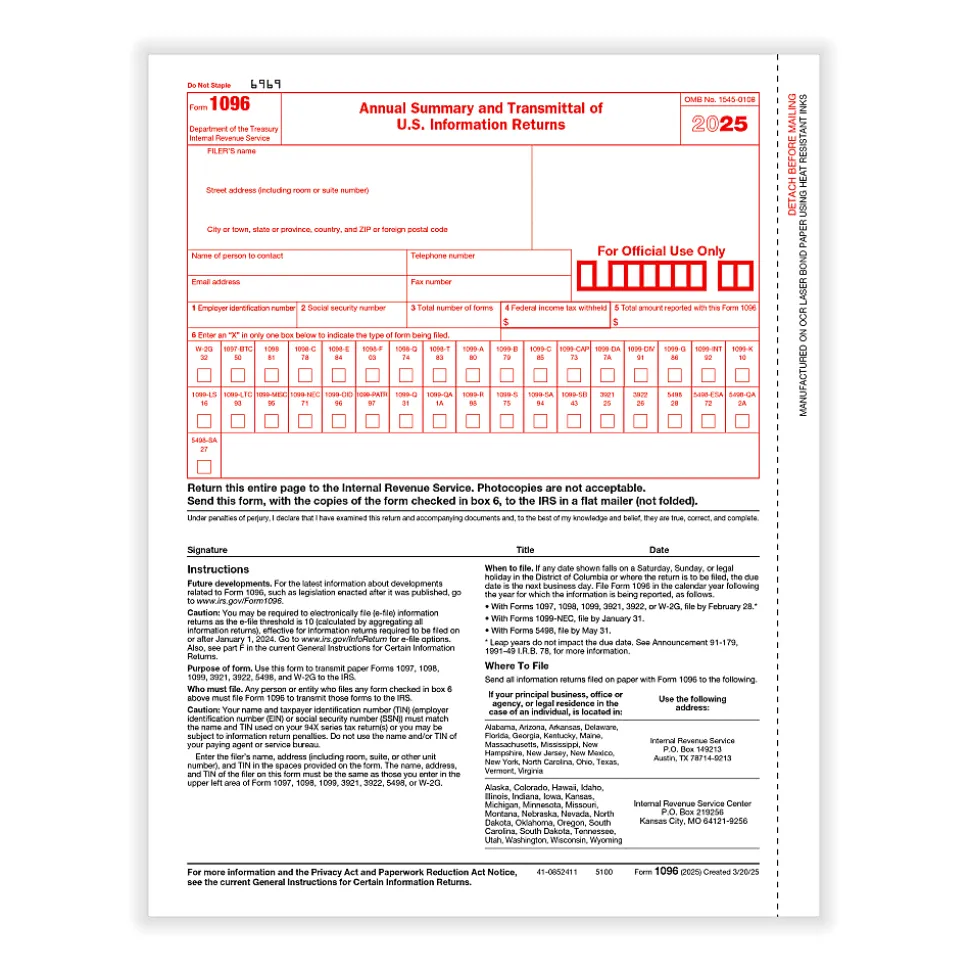 Office Depot® 1096 Laser Tax Forms, 1-Part, 8-1/2" x 11", Pack Of 10 Forms, 510091025