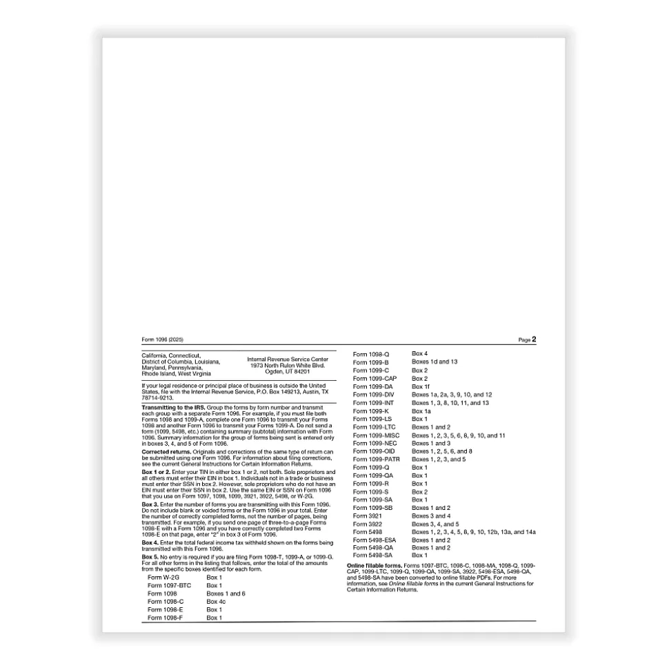Office Depot® 1096 Laser Tax Forms, 1-Part, 8-1/2" x 11", Pack Of 10 Forms, 510091025