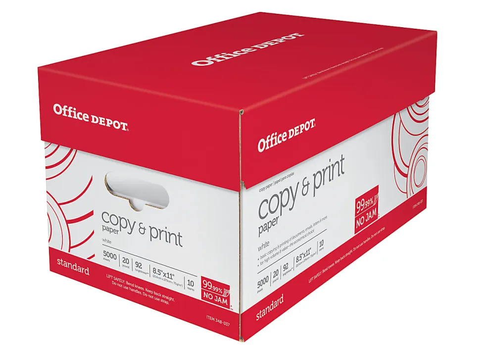 Office Depot® Multi-Use Printer & Copy Paper, 10 Reams, White, Letter (8.5" x 11"), 5000 Sheets Per Case, 20 Lb, 92 Brightness