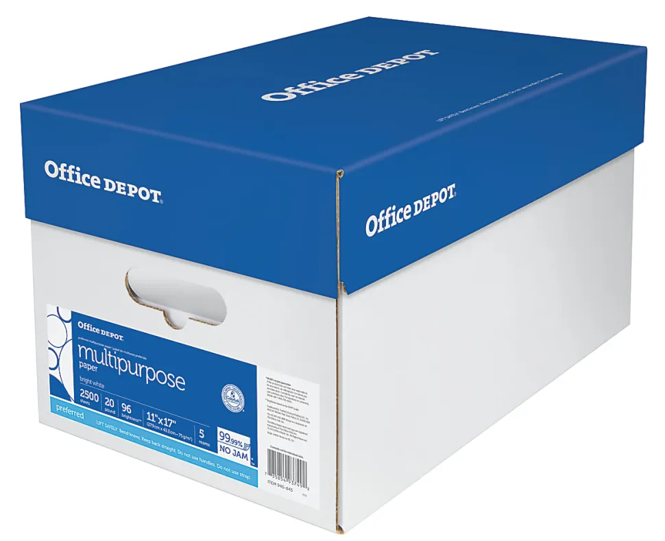 Office Depot® Multi-Use Printer & Copy Paper, 5 Reams, White, Ledger (11" x 17"), 2500 Sheets Per Case, 20 Lb, 96 Brightness