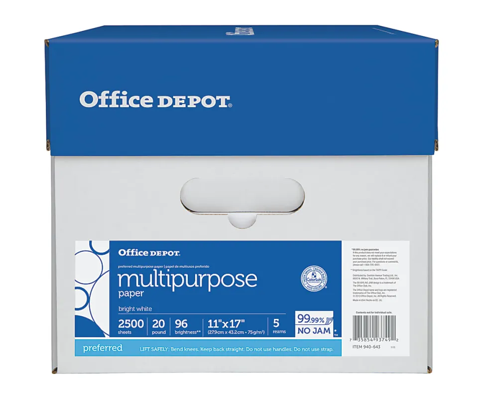 Office Depot® Multi-Use Printer & Copy Paper, 5 Reams, White, Ledger (11" x 17"), 2500 Sheets Per Case, 20 Lb, 96 Brightness