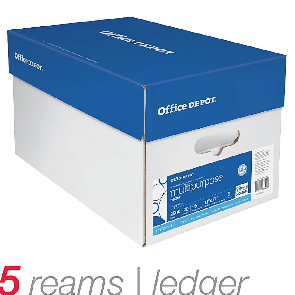 Office Depot® Multi-Use Printer & Copy Paper, 5 Reams, White, Ledger (11" x 17"), 2500 Sheets Per Case, 20 Lb, 96 Brightness
