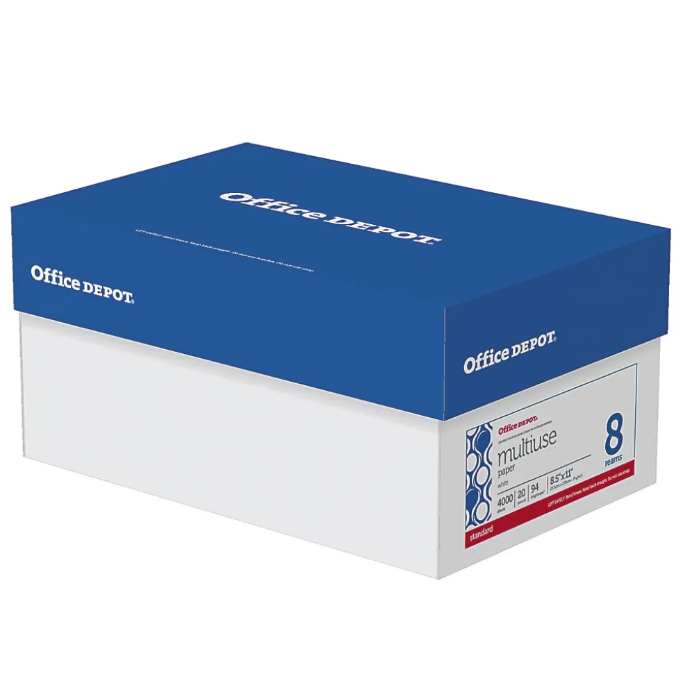 Office Depot® Multi-Use Printer & Copy Paper, 8 Reams, White, Letter (8.5" x 11"), 4000 Sheets Per Case, 20 Lb, 94 Brightness