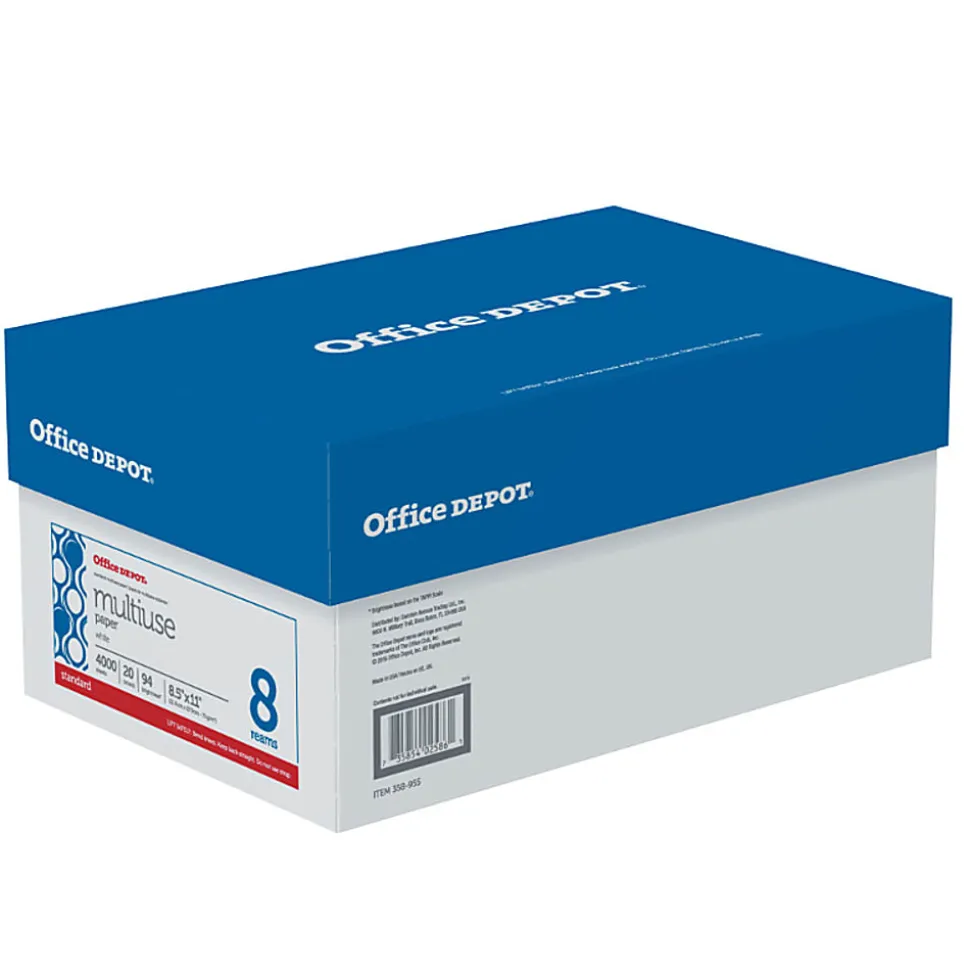 Office Depot® Multi-Use Printer & Copy Paper, 8 Reams, White, Letter (8.5" x 11"), 4000 Sheets Per Case, 20 Lb, 94 Brightness