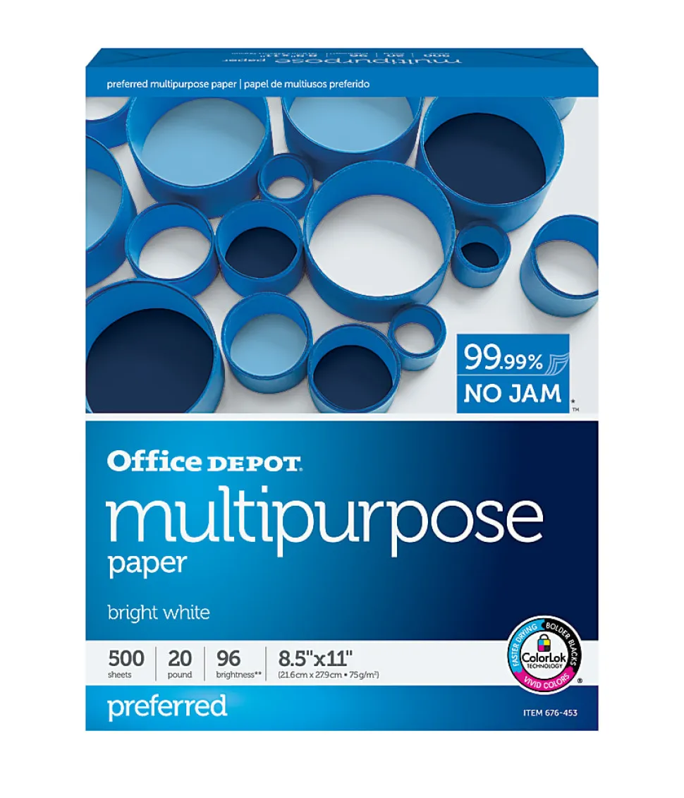 Office Depot® Multi-Use Printer & Copy Paper, 1 Ream, White, Letter (8.5" x 11"), 500 Sheets Per Ream, 20 Lb, 96 Brightness, 1806RM