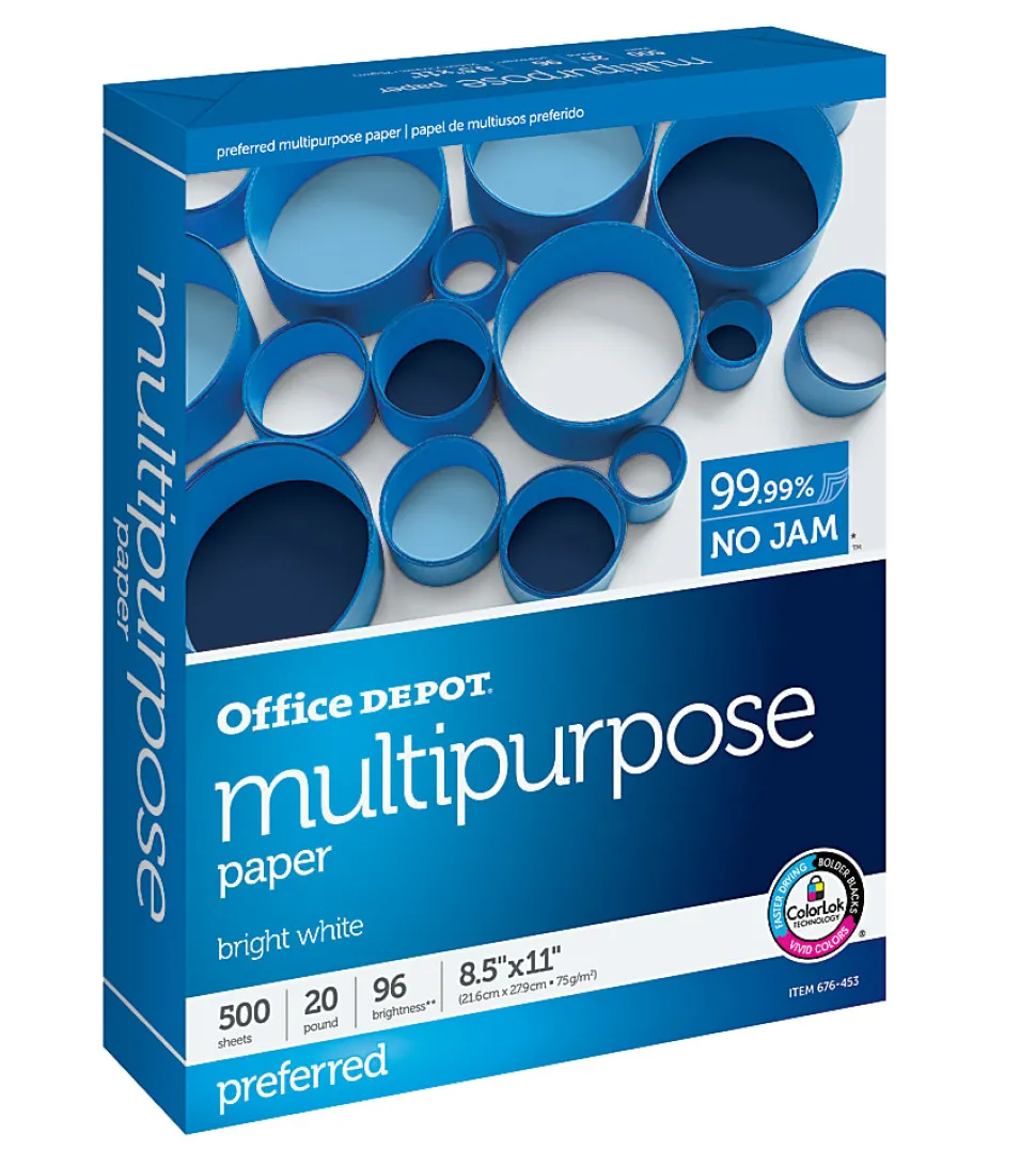 Office Depot® Multi-Use Printer & Copy Paper, 1 Ream, White, Letter (8.5" x 11"), 500 Sheets Per Ream, 20 Lb, 96 Brightness, 1806RM