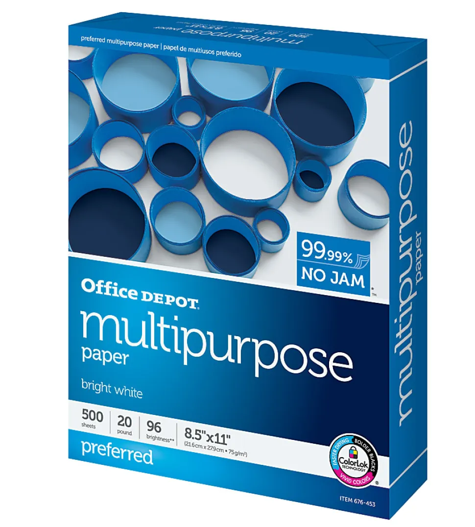 Office Depot® Multi-Use Printer & Copy Paper, 1 Ream, White, Letter (8.5" x 11"), 500 Sheets Per Ream, 20 Lb, 96 Brightness, 1806RM