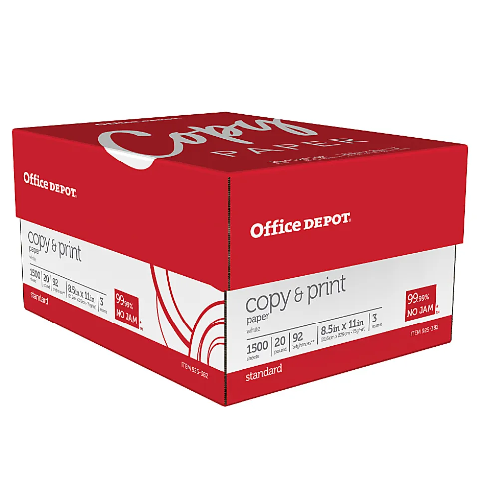 Office Depot® Multi-Use Printer & Copy Paper, 3 Reams, White, Letter (8.5" x 11"), 1500 Sheets Per Case, 20 Lb, 92 Brightness