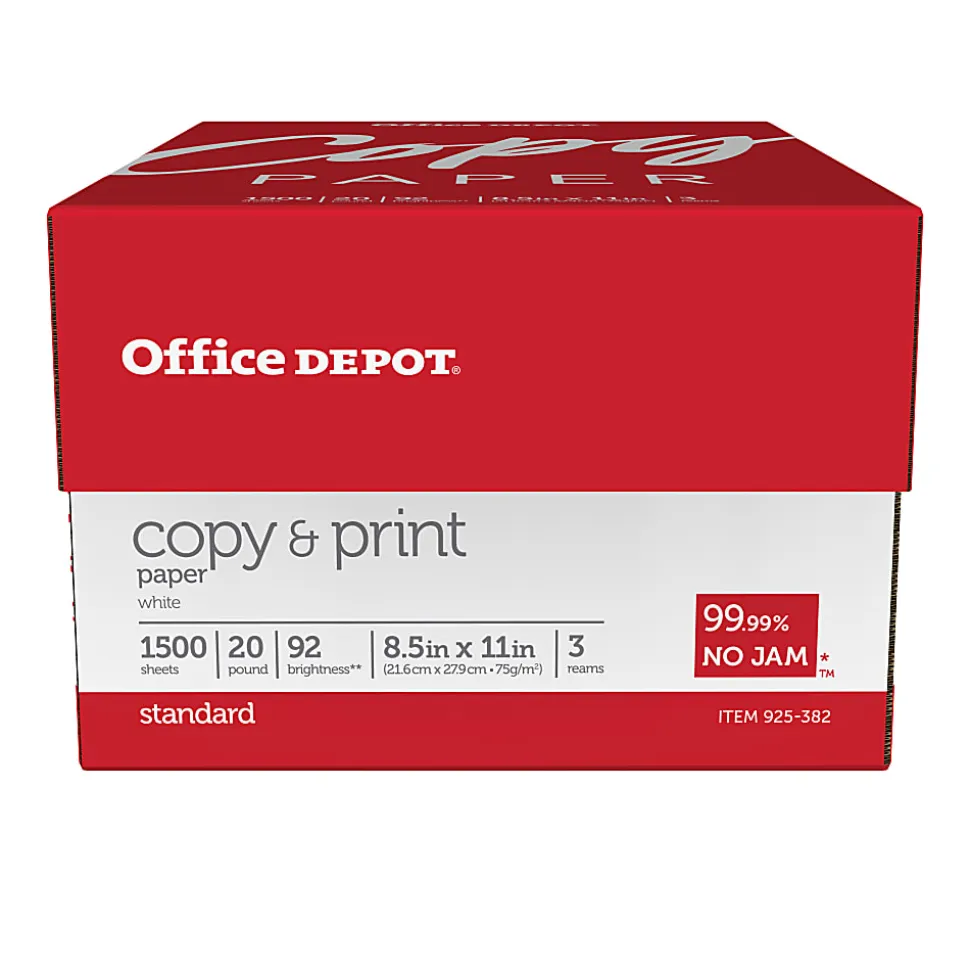 Office Depot® Multi-Use Printer & Copy Paper, 3 Reams, White, Letter (8.5" x 11"), 1500 Sheets Per Case, 20 Lb, 92 Brightness