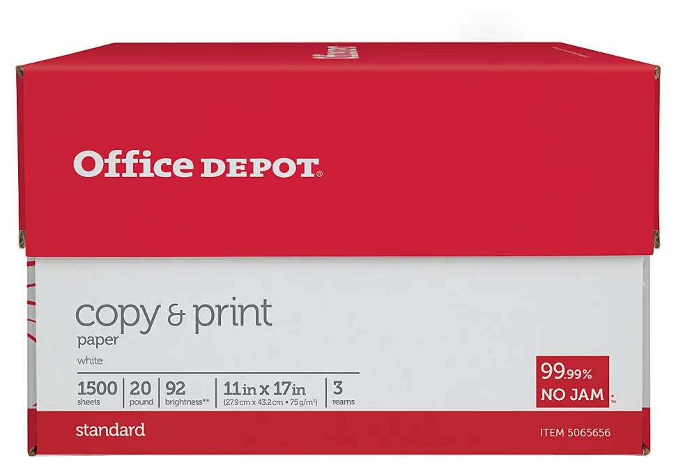 Office Depot® Multi-Use Printer & Copy Paper, 3 Reams, White, Ledger (11" x 17"), 1500 Sheets Per Case, 20 Lb, 92 Brightness