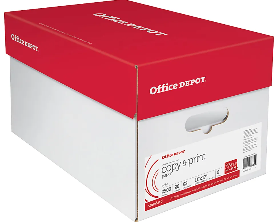 Office Depot® Multi-Use Printer & Copy Paper, 5 Reams, White, Ledger (11" x 17"), 2500 Sheets Per Case, 20 Lb, 92 Brightness
