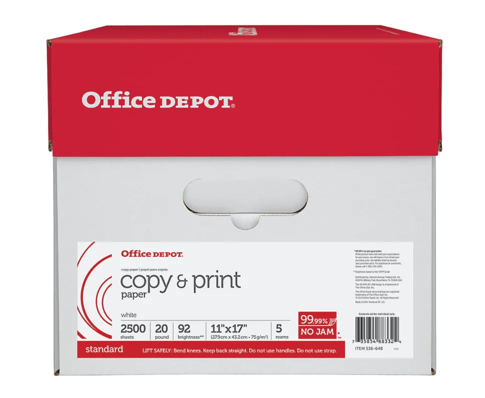 Office Depot® Multi-Use Printer & Copy Paper, 5 Reams, White, Ledger (11" x 17"), 2500 Sheets Per Case, 20 Lb, 92 Brightness