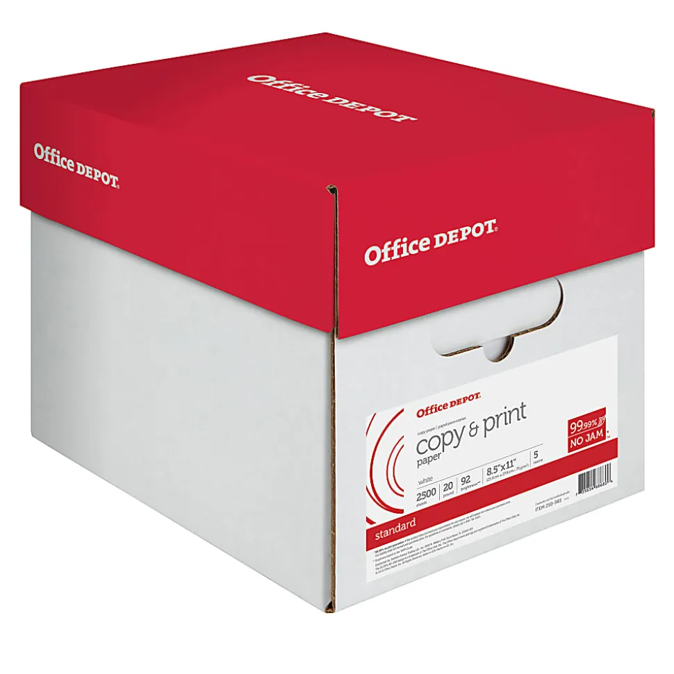 Office Depot® Multi-Use Printer & Copy Paper, 5 Reams, White, Letter (8.5" x 11"), 2500 Sheets Per Case, 20 Lb, 92 Brightness, 851201CS