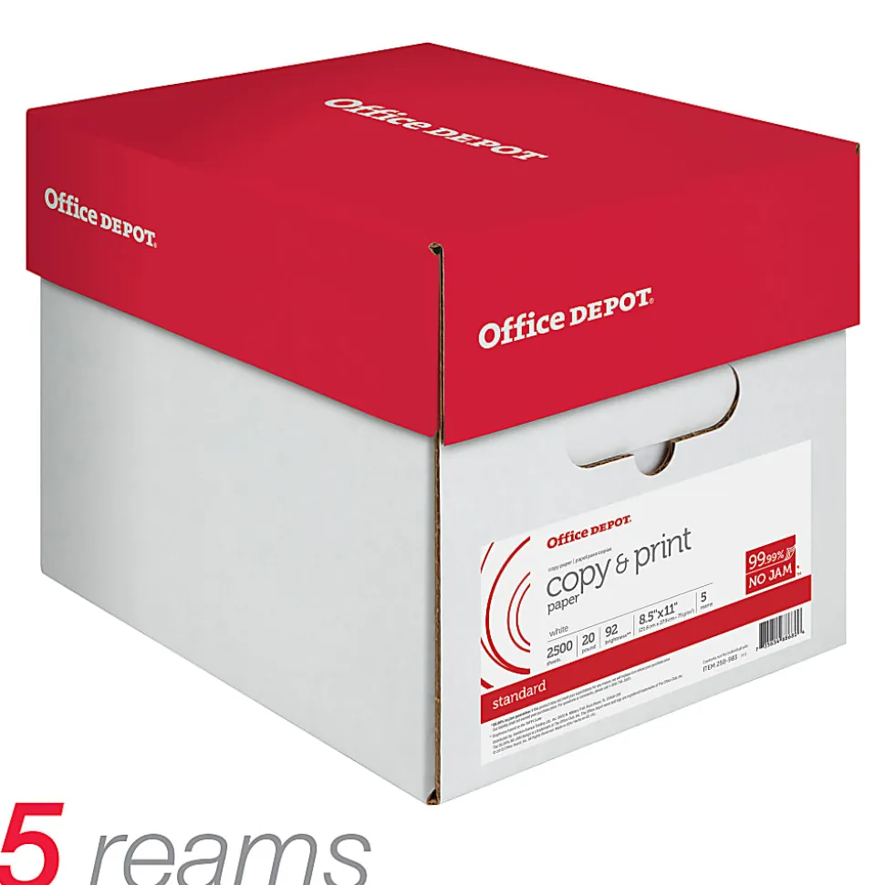 Office Depot® Multi-Use Printer & Copy Paper, 5 Reams, White, Letter (8.5" x 11"), 2500 Sheets Per Case, 20 Lb, 92 Brightness, 851201CS