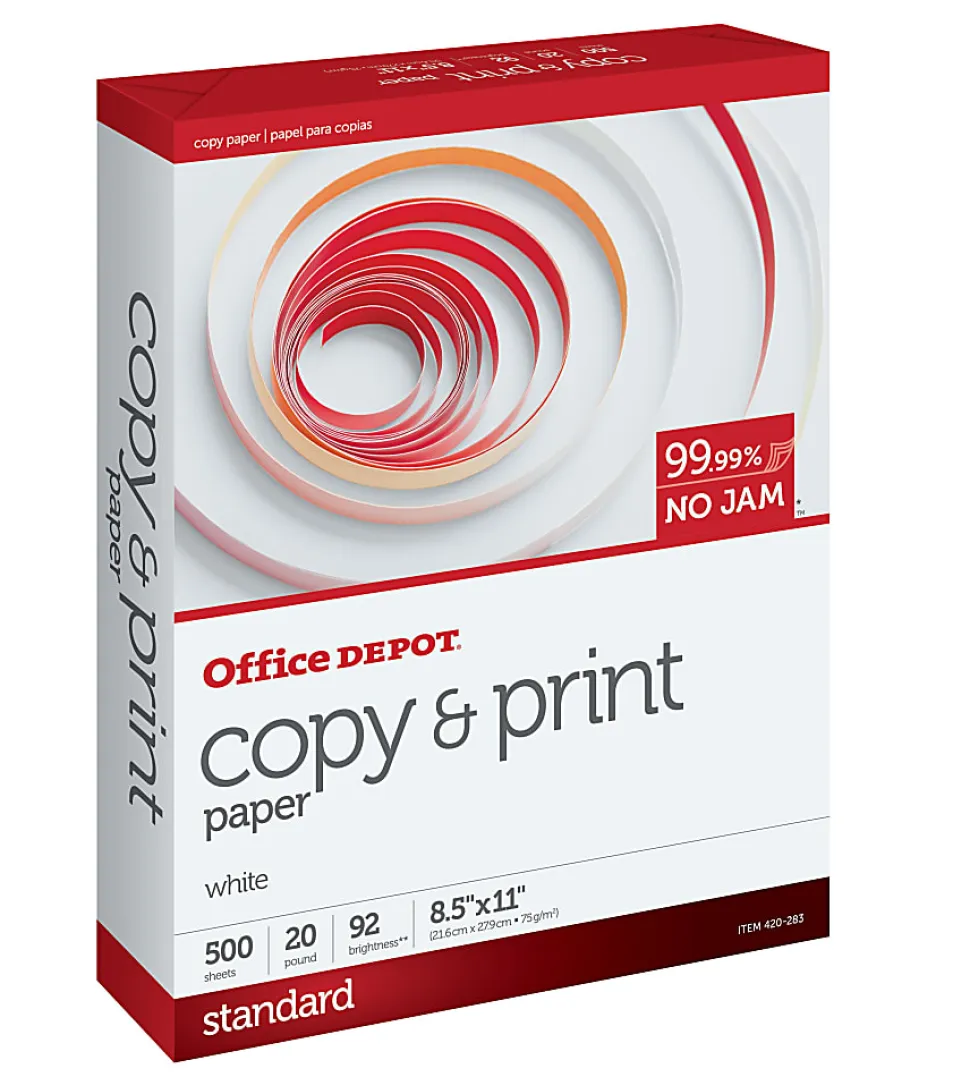 Office Depot® Multi-Use Printer & Copy Paper, 1 Ream, White, Letter (8.5" x 11"), 500 Sheets Per Ream, 20 Lb, 92 Brightness, 851201RM