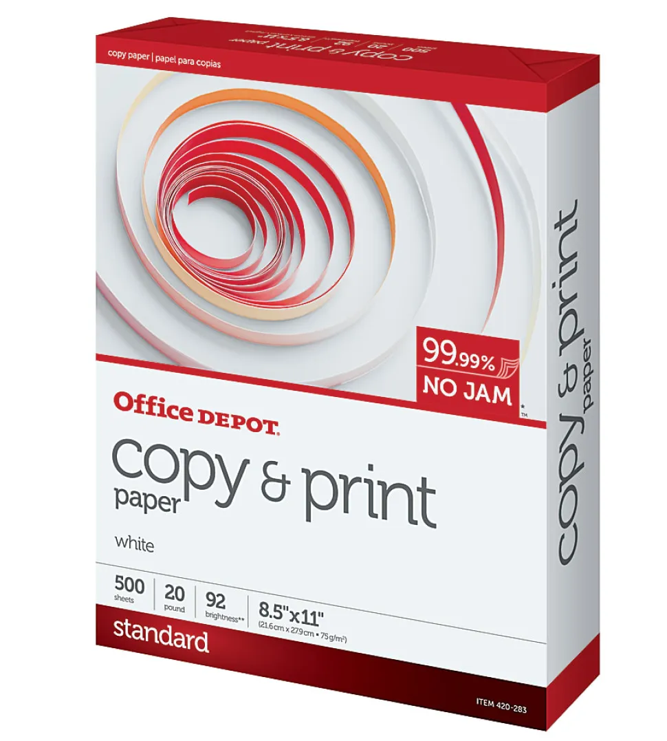 Office Depot® Multi-Use Printer & Copy Paper, 1 Ream, White, Letter (8.5" x 11"), 500 Sheets Per Ream, 20 Lb, 92 Brightness, 851201RM