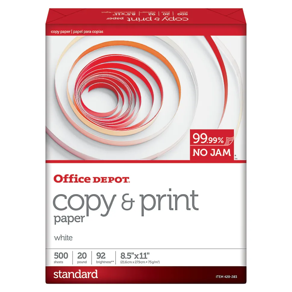 Office Depot® Multi-Use Printer & Copy Paper, 1 Ream, White, Letter (8.5" x 11"), 500 Sheets Per Ream, 20 Lb, 92 Brightness, 851201RM