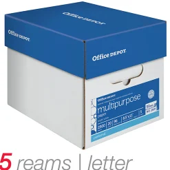 Office Depot® Multi-Use Printer & Copy Paper, 5 Reams, White, Letter (8.5" x 11"), 2500 Sheets Per Case, 20 Lb, 96 Brightness, 58288