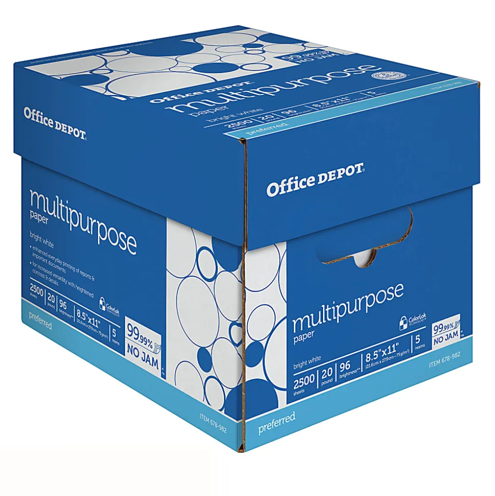Office Depot® Multi-Use Printer & Copy Paper, 5 Reams, White, Letter (8.5" x 11"), 2500 Sheets Per Case, 20 Lb, 96 Brightness, 1805