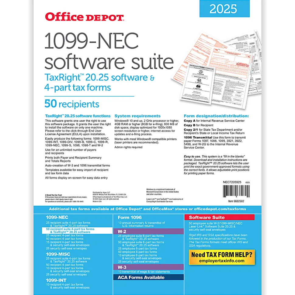 Office Depot® 1099-NEC Laser Tax Forms With Software, 4-Part, 3-Up, 8-1/2" x 11", Pack Of 50 Form Sets, NEC7205925