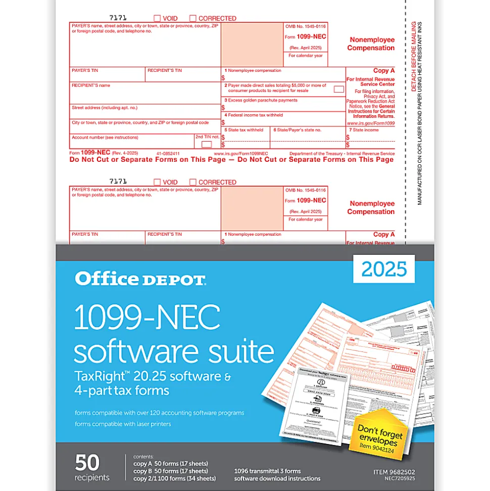 Office Depot® 1099-NEC Laser Tax Forms With Software, 4-Part, 3-Up, 8-1/2" x 11", Pack Of 50 Form Sets, NEC7205925