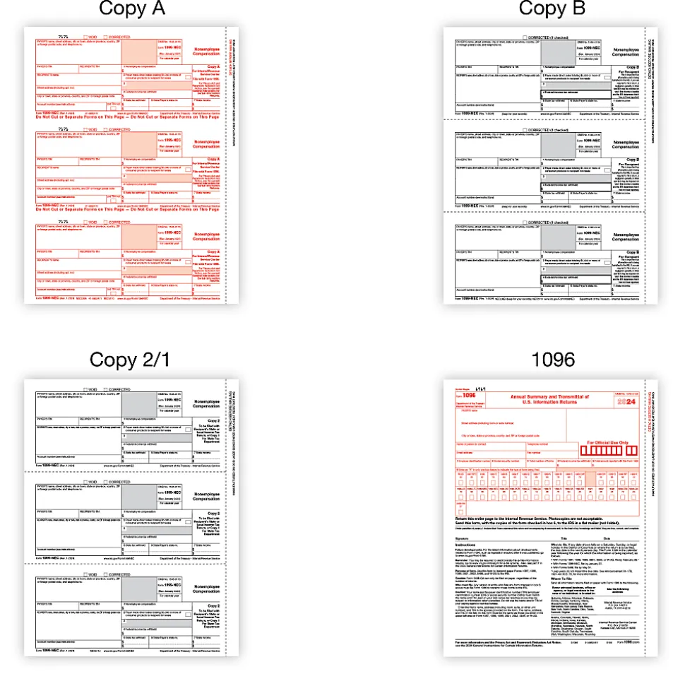 Office Depot® 1099-NEC Laser Tax Forms, 4-Part, 2-Up, 8-1/2" x 11", Pack Of 50 Form Sets