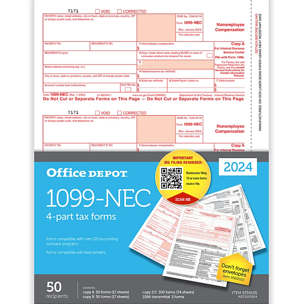 Office Depot® 1099-NEC Laser Tax Forms, 4-Part, 2-Up, 8-1/2" x 11", Pack Of 50 Form Sets