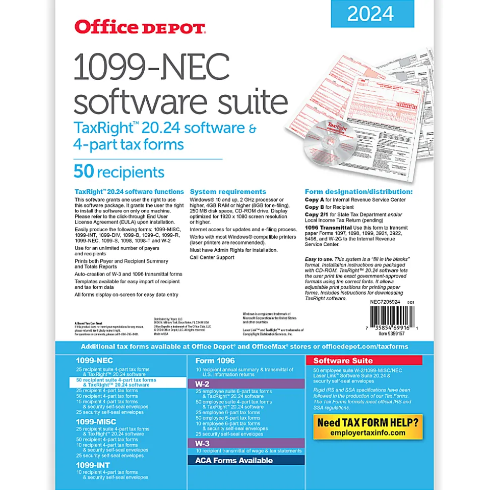 Office Depot® 1099-NEC Laser Tax Forms With Software, 4-Part, 3-Up, 8-1/2" x 11", Pack Of 50 Form Sets, NEC7205924