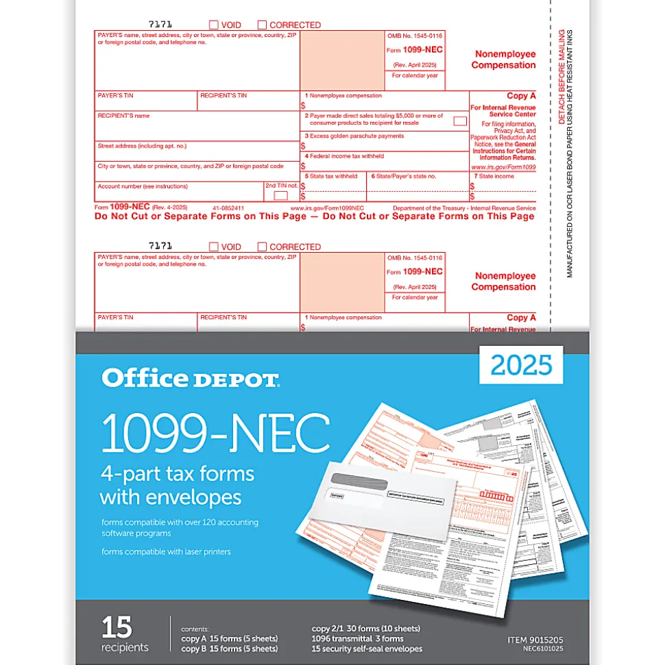 Office Depot® 1099-NEC Laser Tax Forms And Envelopes, 4-Part, 3-Up, 8-1/2" x 11", Pack Of 15 Form Sets