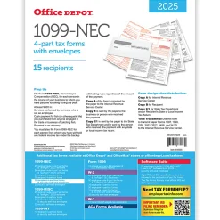 Office Depot® 1099-NEC Laser Tax Forms And Envelopes, 4-Part, 3-Up, 8-1/2" x 11", Pack Of 15 Form Sets
