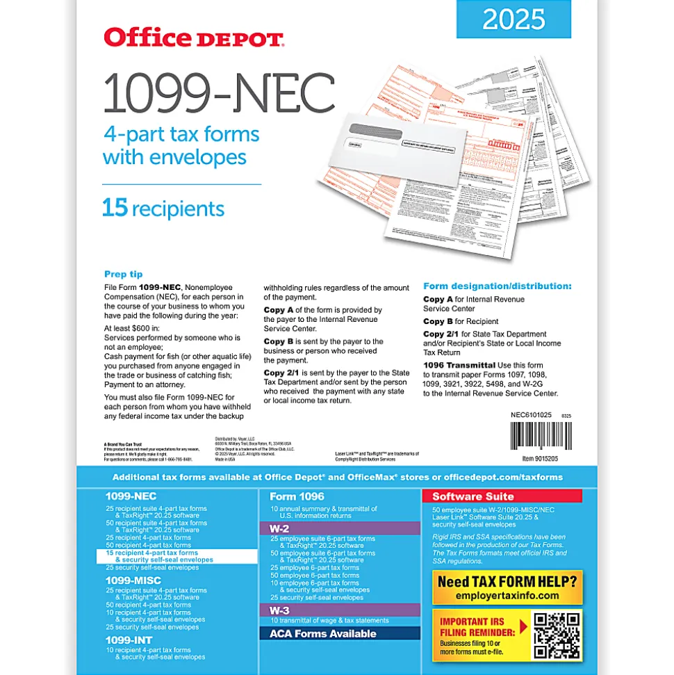 Office Depot® 1099-NEC Laser Tax Forms And Envelopes, 4-Part, 3-Up, 8-1/2" x 11", Pack Of 15 Form Sets