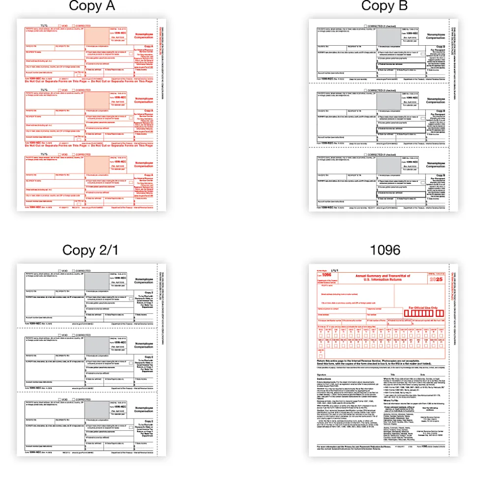 Office Depot® 1099-NEC Laser Tax Forms And Envelopes, 4-Part, 3-Up, 8-1/2" x 11", Pack Of 15 Form Sets