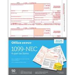 Office DepotĀ® 1099-NEC Laser Tax Forms, 4-Part, 3-Up, 8-1/2" x 11", Pack Of 50 Form Sets