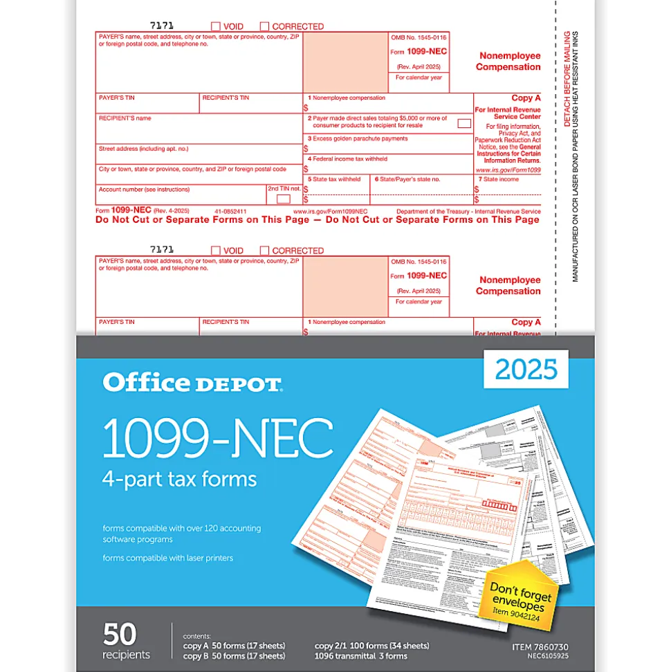 Office Depot® 1099-NEC Laser Tax Forms, 4-Part, 3-Up, 8-1/2" x 11", Pack Of 50 Form Sets