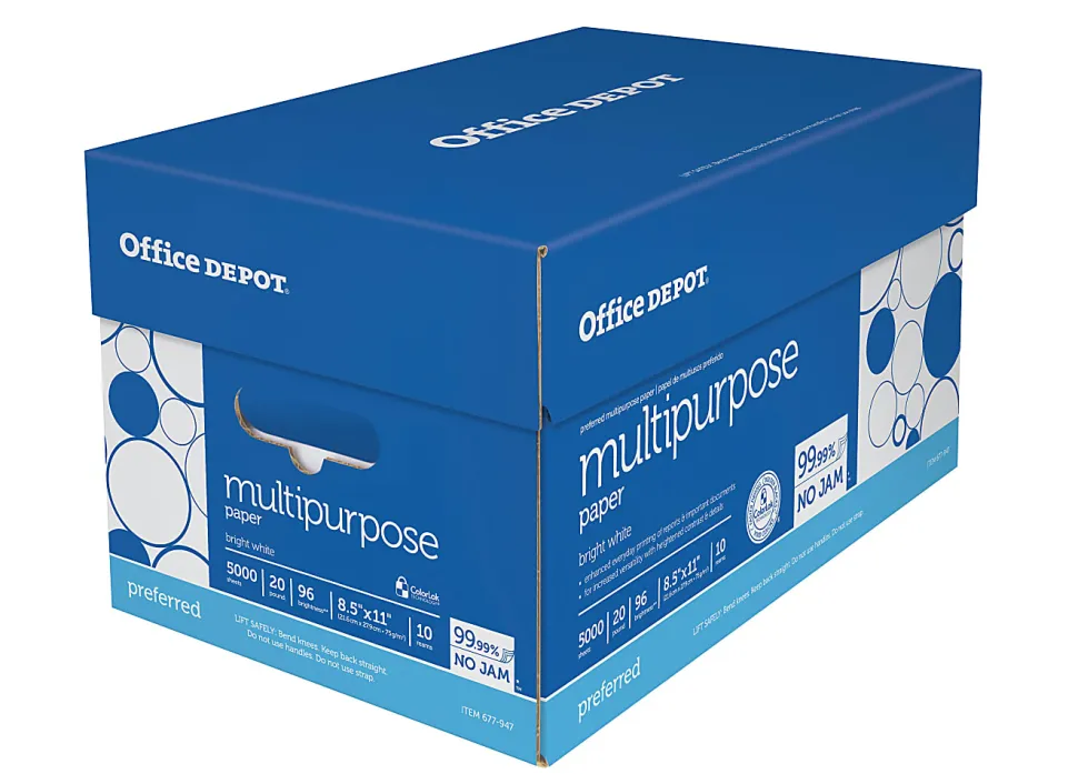 Office Depot® Premium Multi-Use Printer & Copy Paper, 10 Reams, Bright White, Letter (8.5" x 11"), 5000 Sheets Per Case, 20 Lb, 96 Brightness