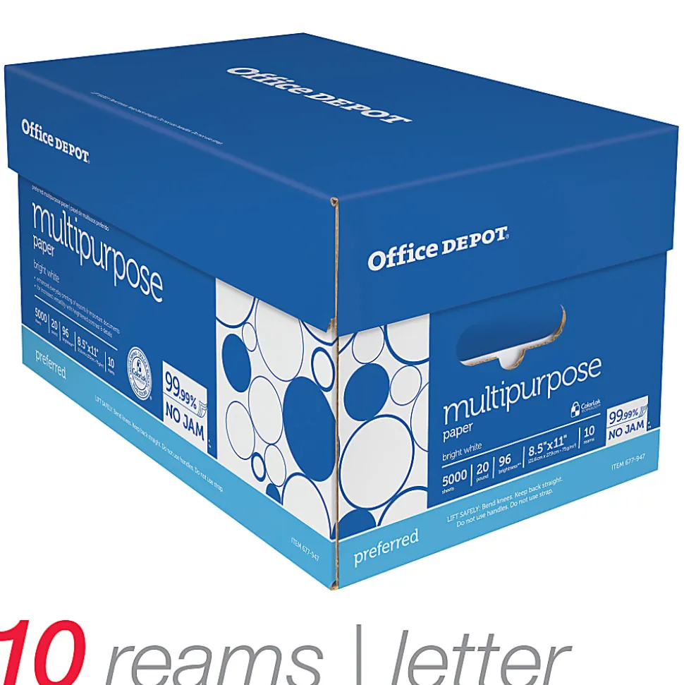 Office Depot® Premium Multi-Use Printer & Copy Paper, 10 Reams, Bright White, Letter (8.5" x 11"), 5000 Sheets Per Case, 20 Lb, 96 Brightness