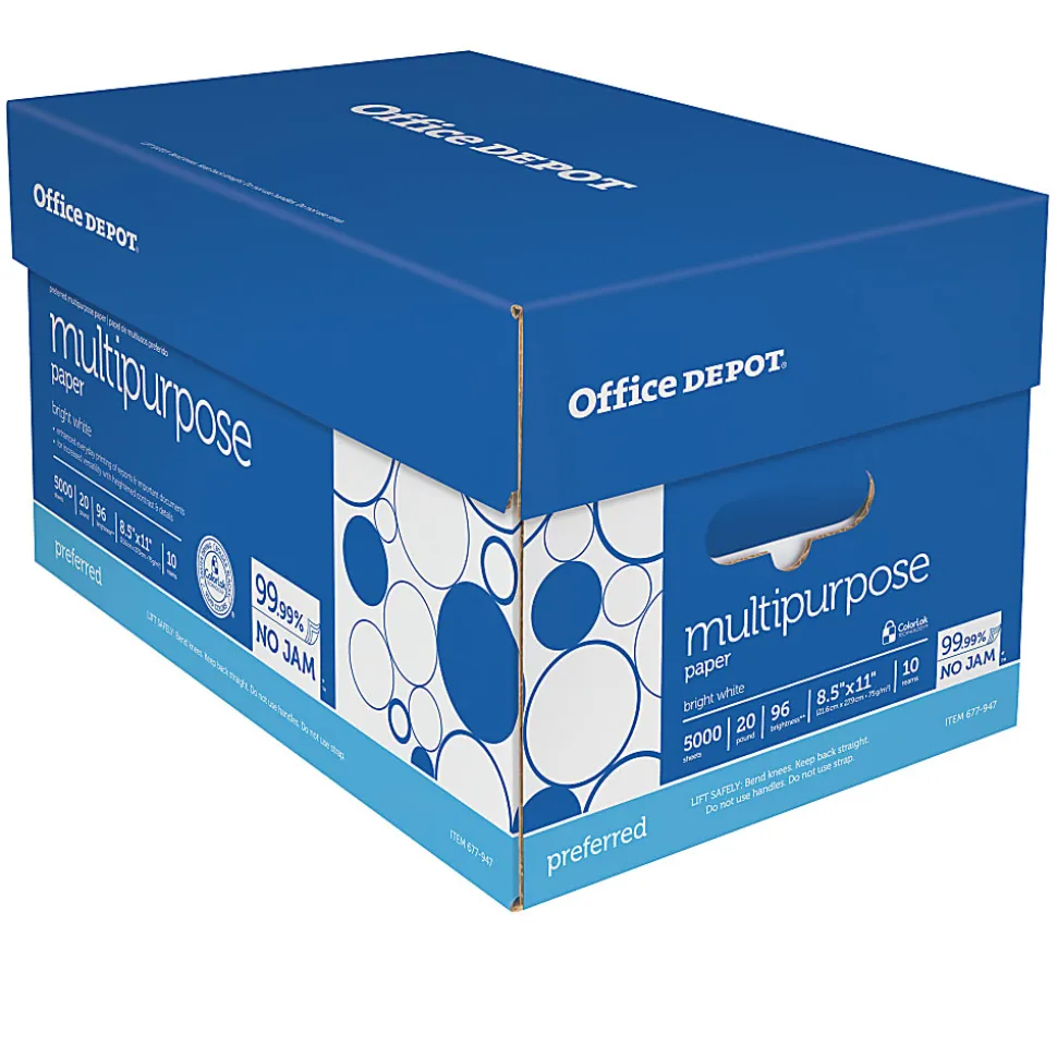 Office Depot® Premium Multi-Use Printer & Copy Paper, 10 Reams, Bright White, Letter (8.5" x 11"), 5000 Sheets Per Case, 20 Lb, 96 Brightness
